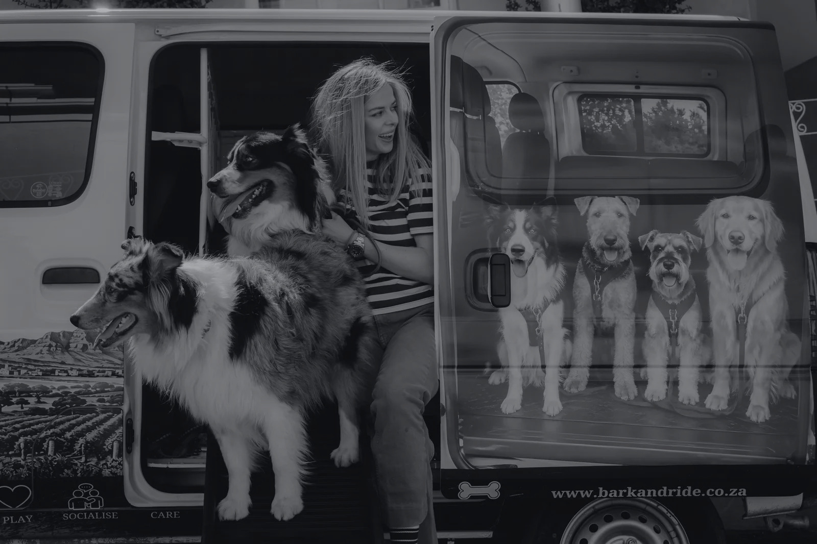 Bark & Ride handler with dogs at the adventure van